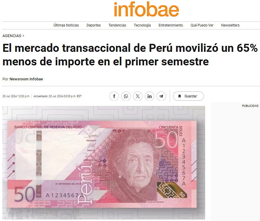 El mercado transaccional de Per moviliz un 65% menos de importe en el primer semestre
